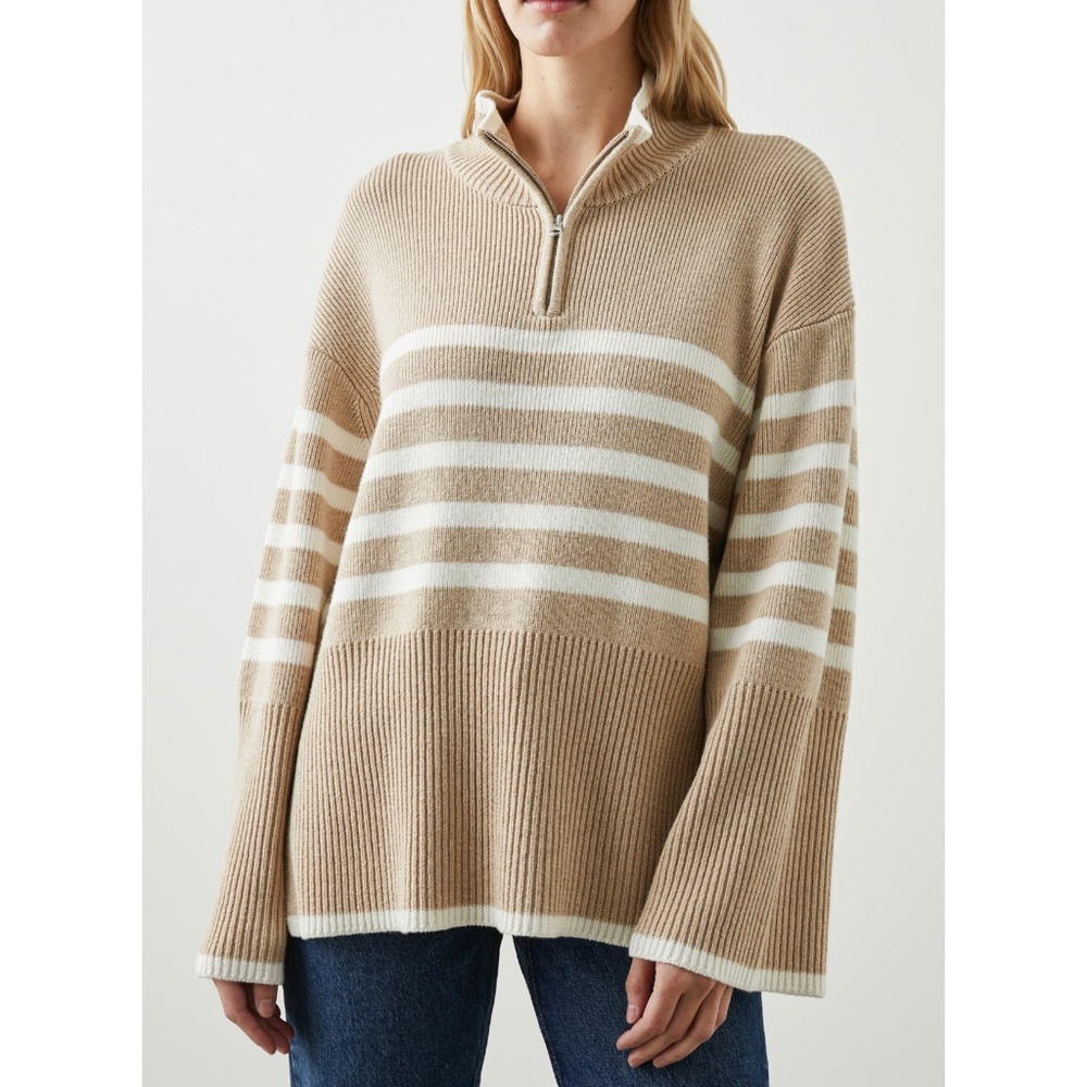 Rails Beige and White Striped Half-Zip Sweater